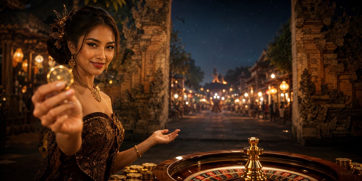 Meja roulette di pasar malam dengan suasana ramai dan penuh cahaya