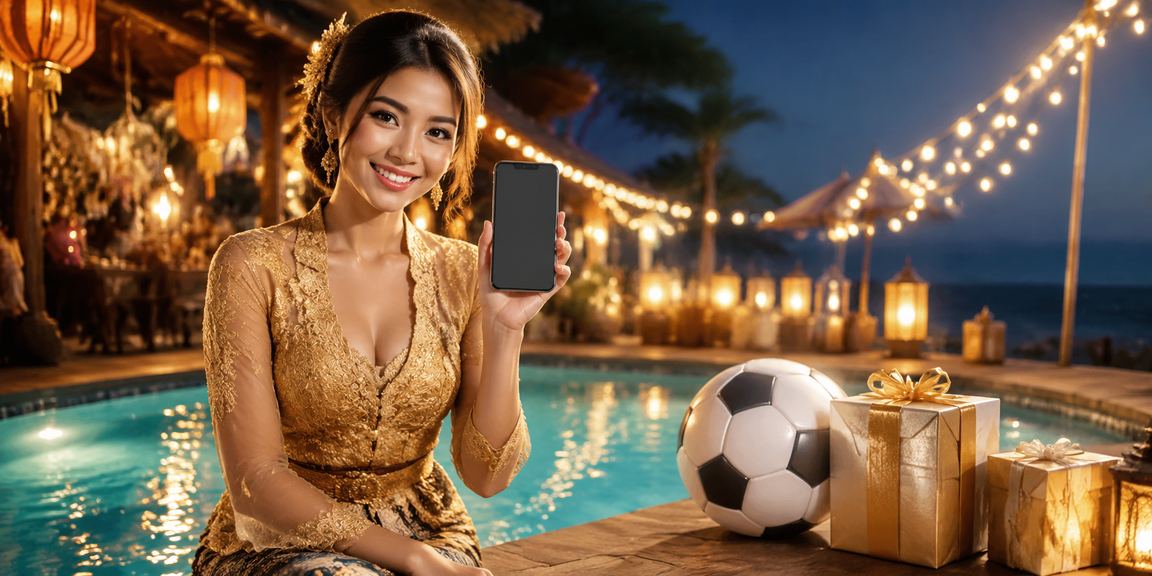 Pengguna menikmati taruhan sepak bola live di tepi pantai dengan smartphone